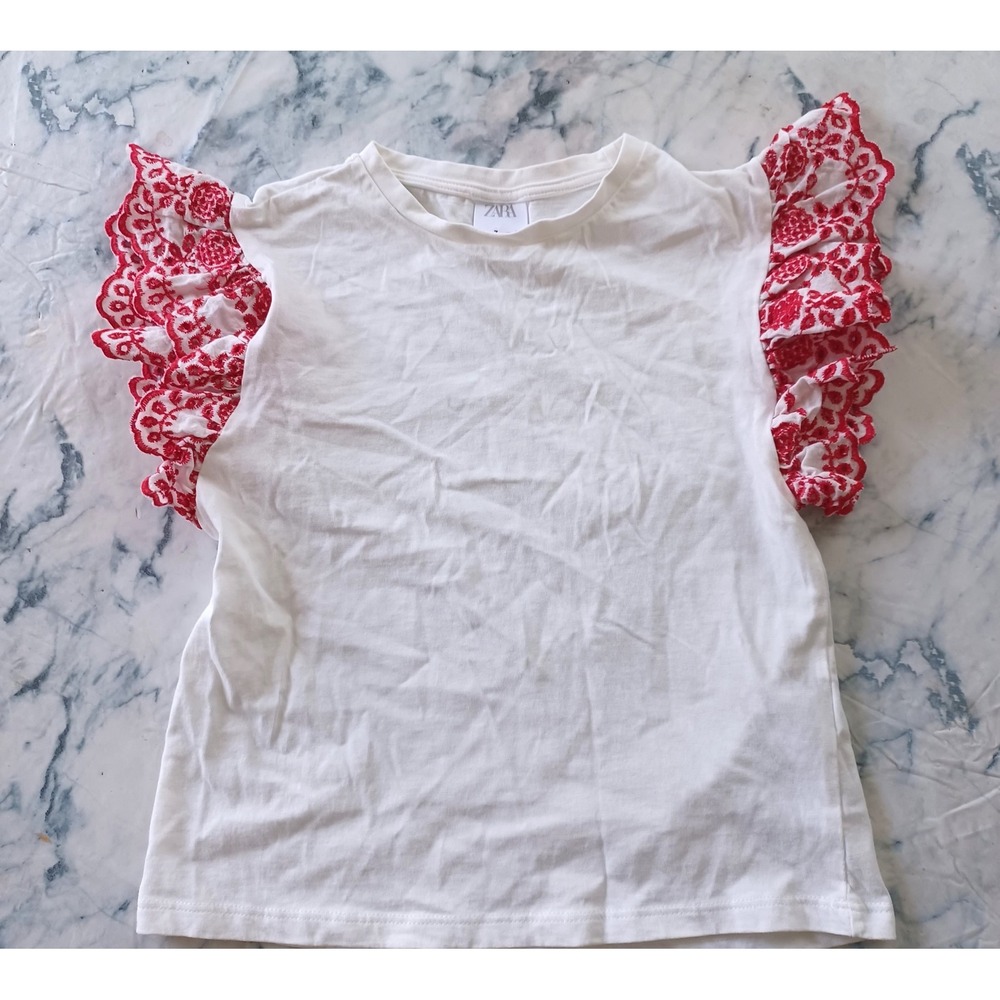 Zara Ruffle Sleeve T-Shirt Kids 7 White Red Eyelet Floral Flutter Boho Top Folk
